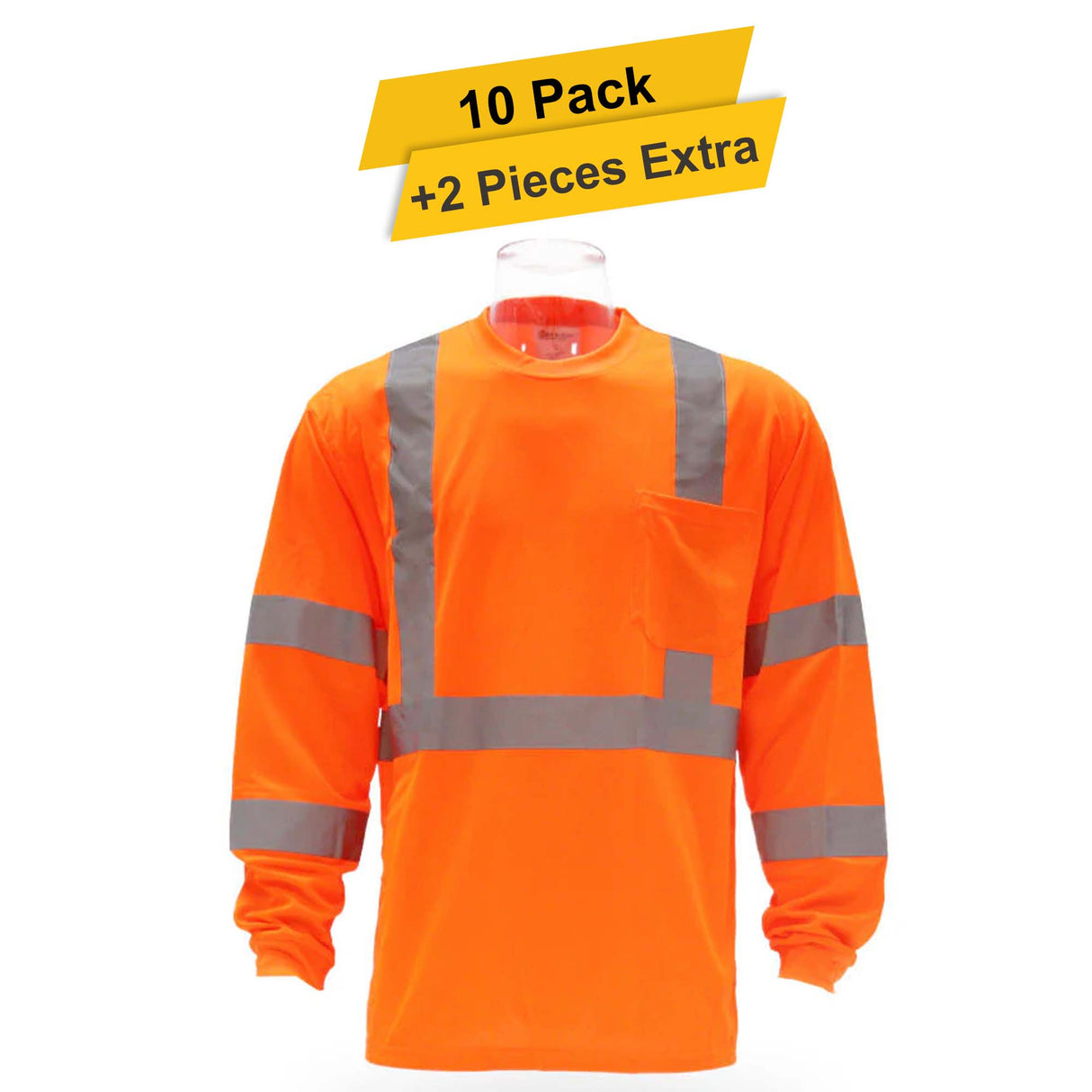 High Visibility Long Sleeve Safety T-Shirt 10 Pack - 2” wide - 100% Polyester