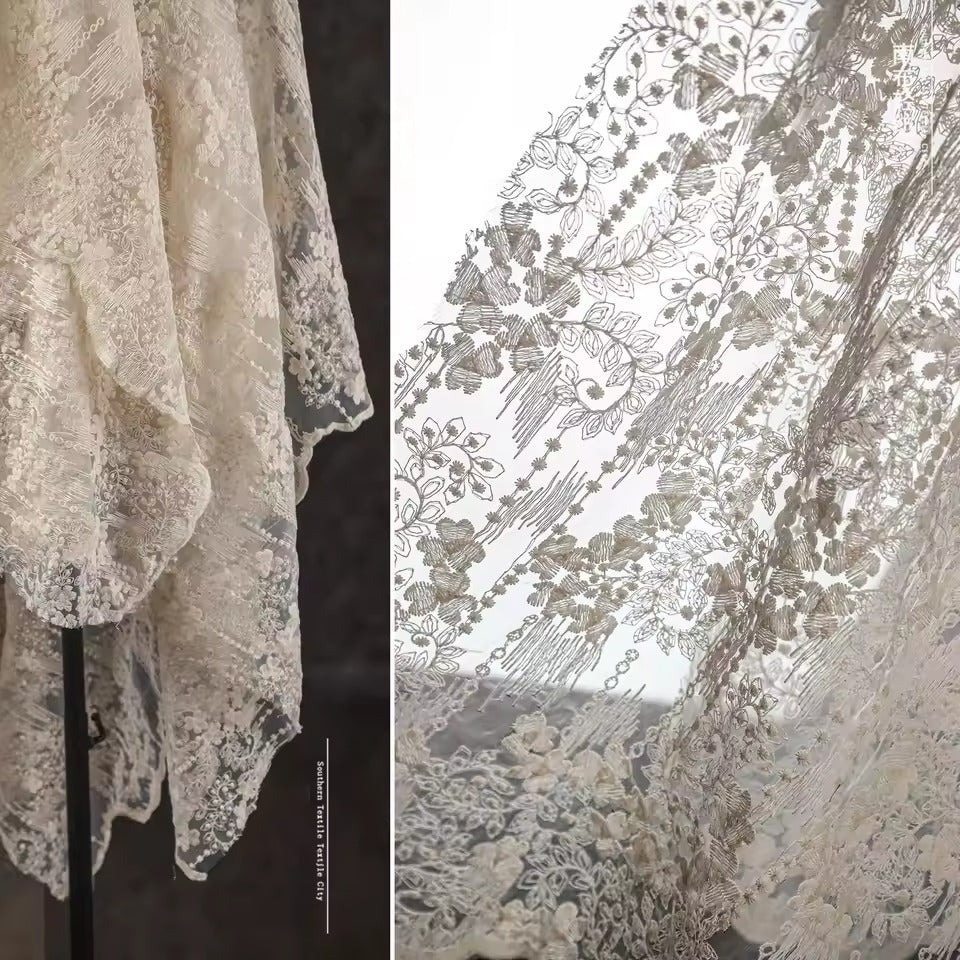 Apricot embroidery floral tulle lace gauze material transparent jacquard fashion dress wedding dress designer fabric