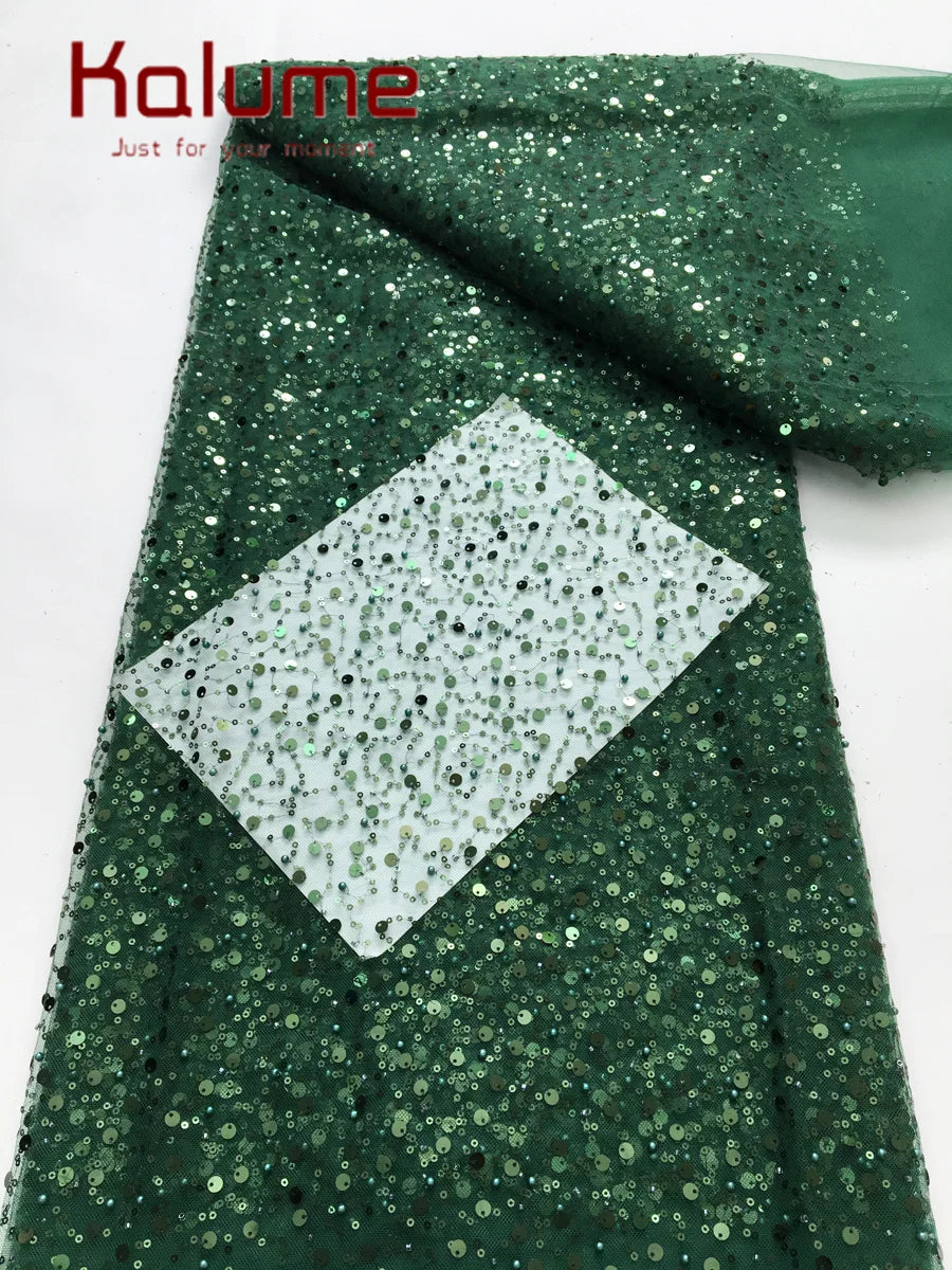 Kalume Nigerian Beaded Embroidery Lace High Quality French Net Sequins Tulle African Lace Fabric for Luxury Wedding Party F3490