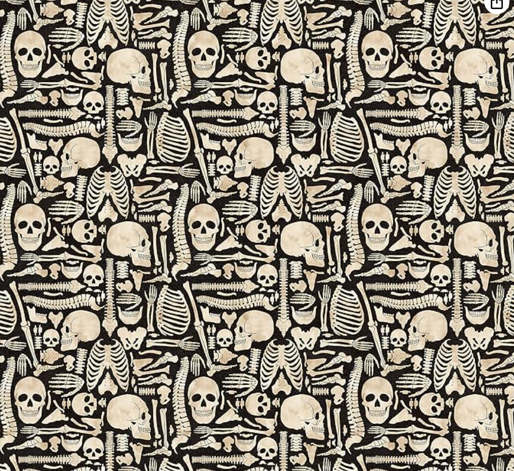 Cotton Skeleton Bones Print Fabric on Black 43/44"