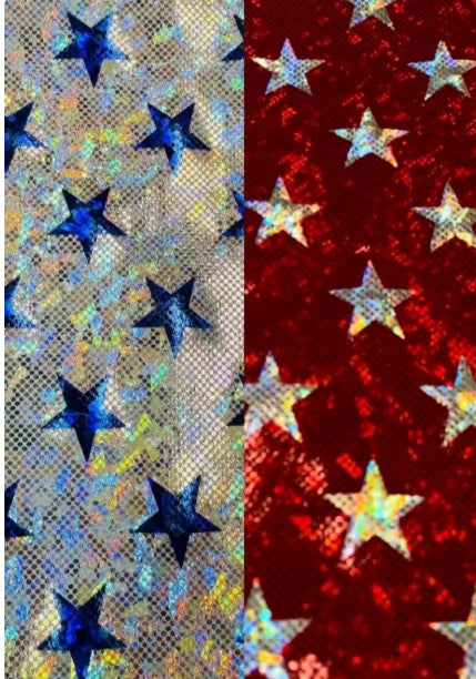 Superhero Holographic Stars Nylon Spandex Foil Fabric - Holographic Stars, Red/Silver, White/Blue, Blue/Silver, 58/60" Width