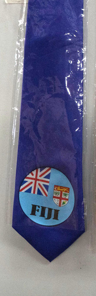 Seal Of Fiji Tie Polyester Fabric - Fiji Coat Of Arms, 56" Length, 3.5" Width, White, Royal Blue, Gold, Brown (1 Tie)