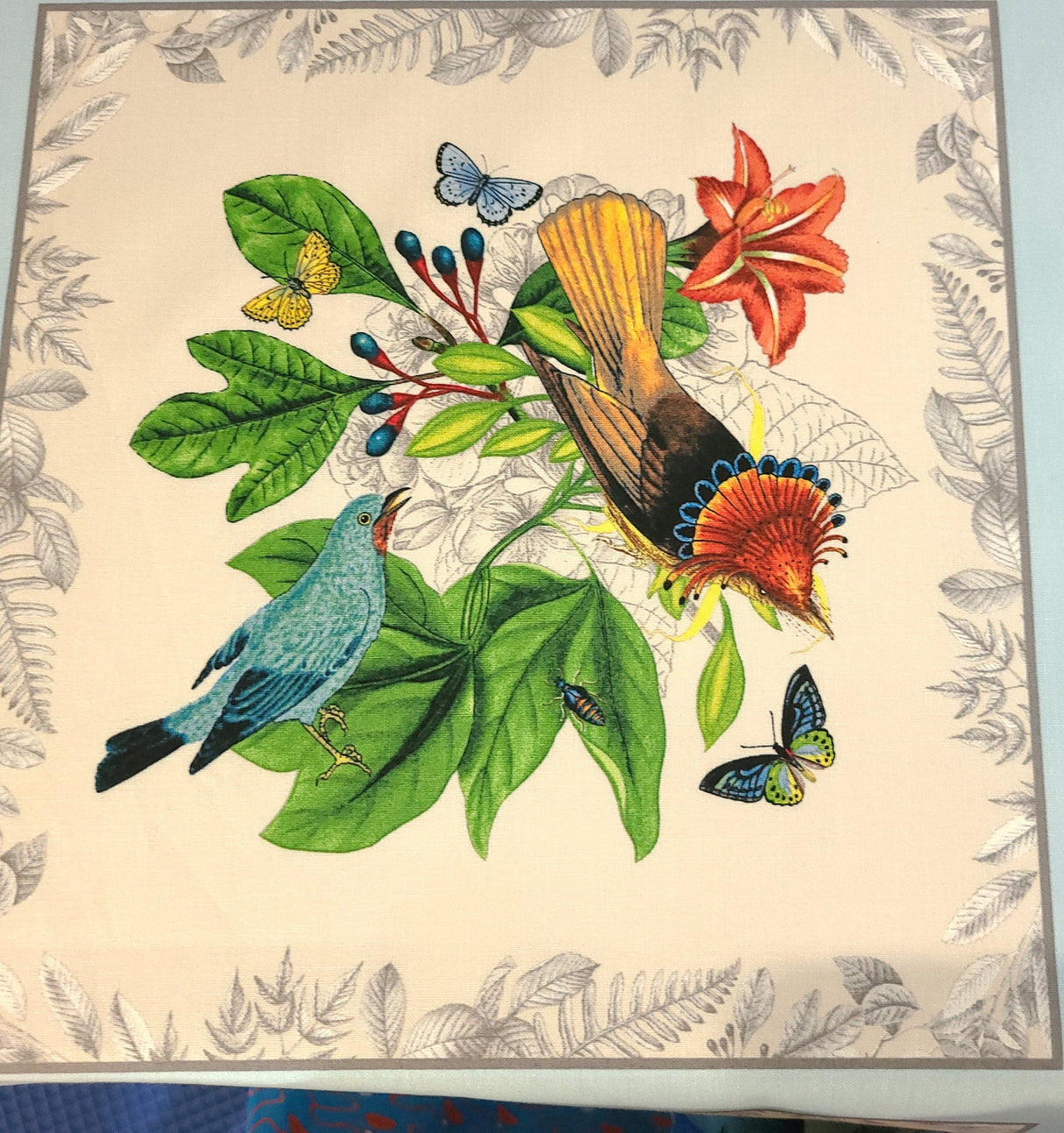 Fabric Panel Secret Escape Exotic Birds and Butterflies Blue 24x44 Elizabeth's Studio