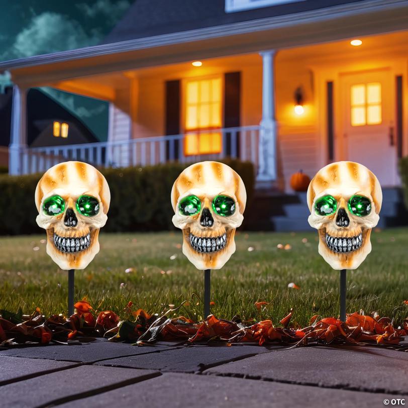 Set of 3 Lighted Skeleton Head Halloween Pathway Markers with Sound - Battery Operated