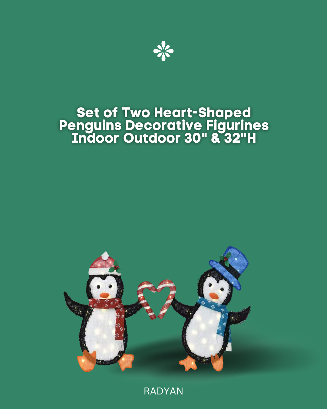 Set of Two Heart-Shaped Penguins Decorative Figurines Indoor Outdoor 30" & 32"H
