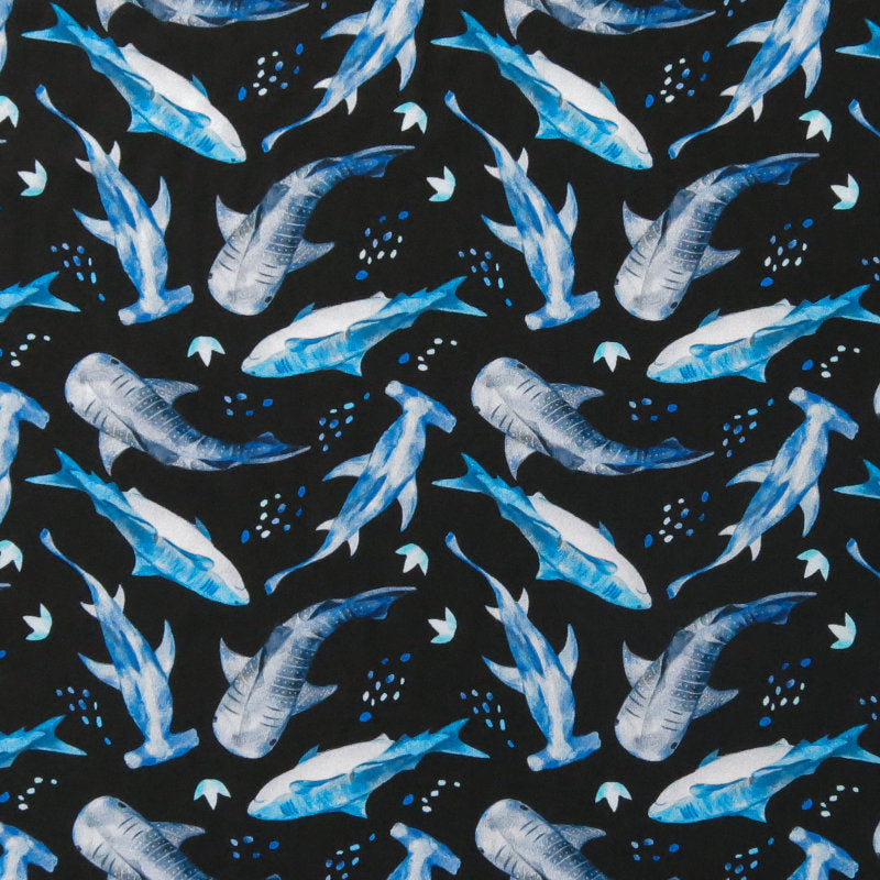 Swim Knit Nylon Spandex Sharks on Black 4-Way Stretch UPF 50+