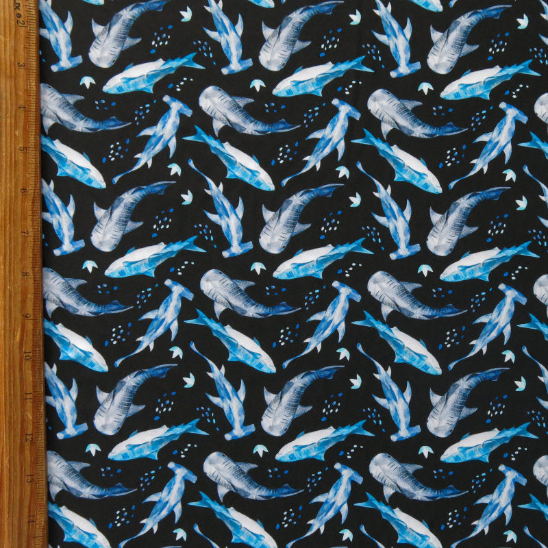 Swim Knit Nylon Spandex Sharks on Black 4-Way Stretch UPF 50+
