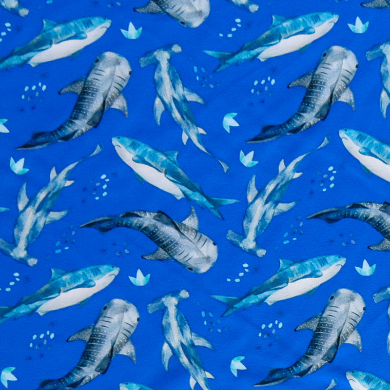 Swim Knit Nylon Spandex Sharks on Royal Blue