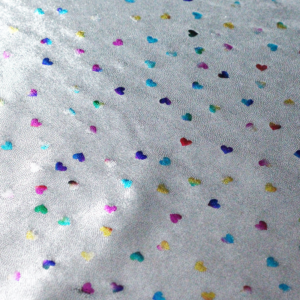 Matrix Foil Hearts Nylon Spandex Fabric - Silver Multi Rainbow Hearts, Hologram Foil, 58/60" Width (1 Yard)