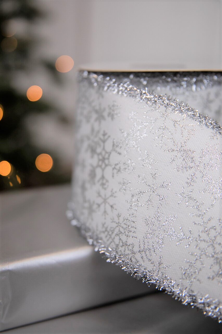 4" x 5 Yard Snowflake Sparkle Print Dupion Ribbon