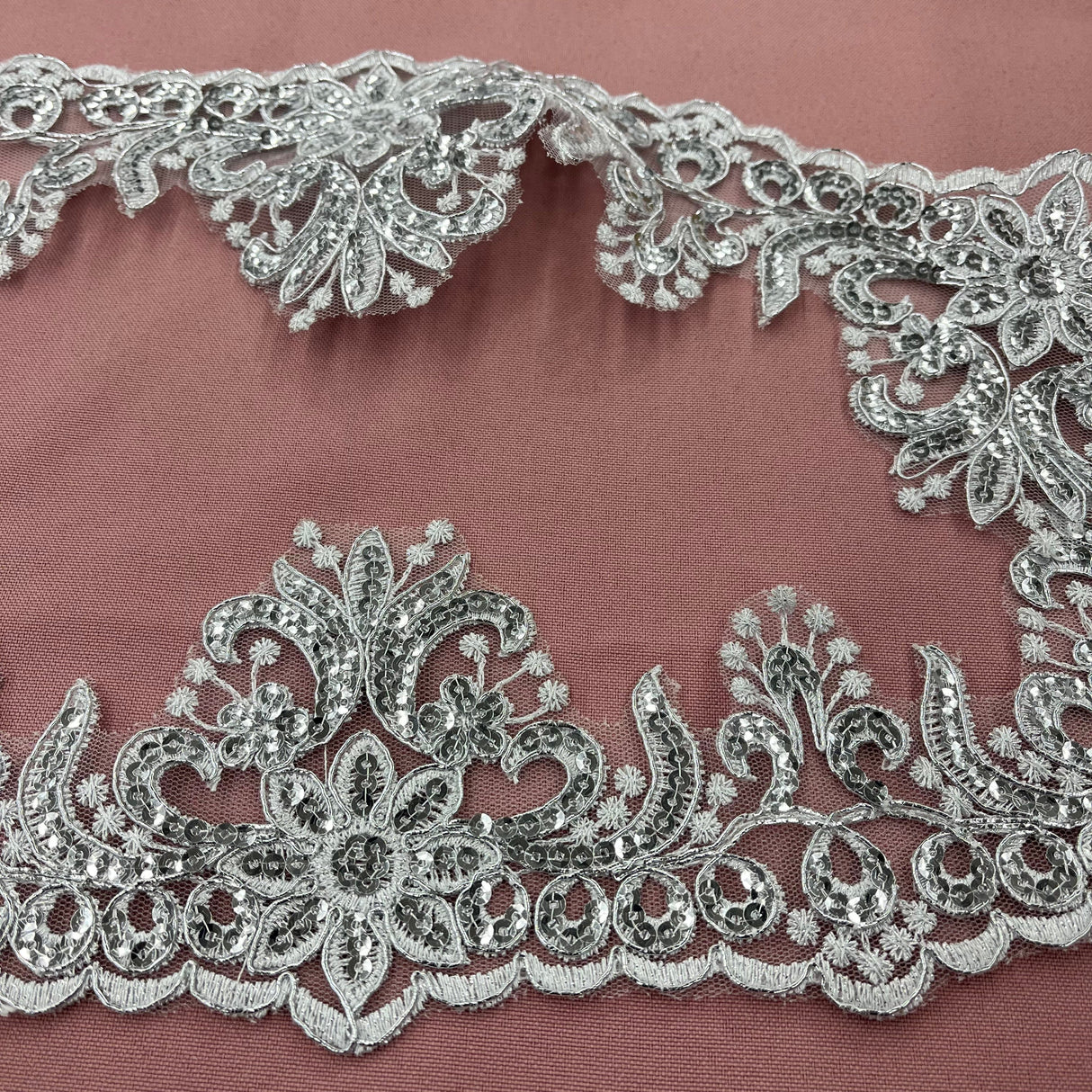 Beaded Corded Floral Lace Trimming Polyester Fabric - Embroidered Net Mesh, 3.5" Width (1 Yard)