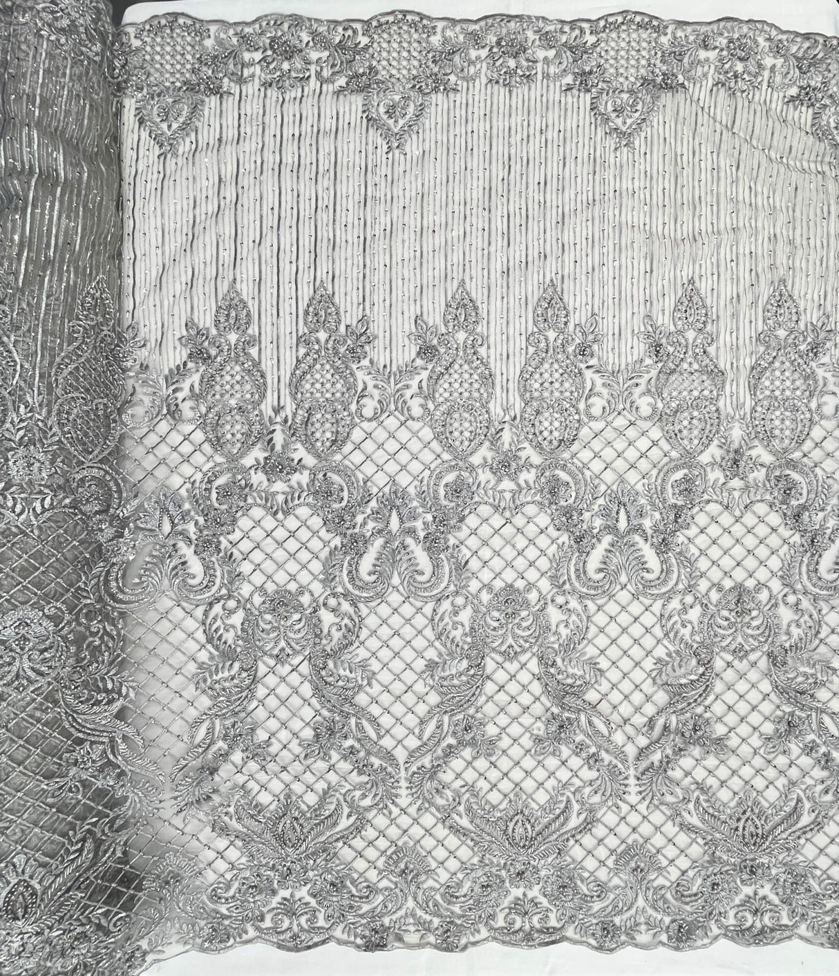 Beaded Lace Fabric on Polyester Net Mesh 52"