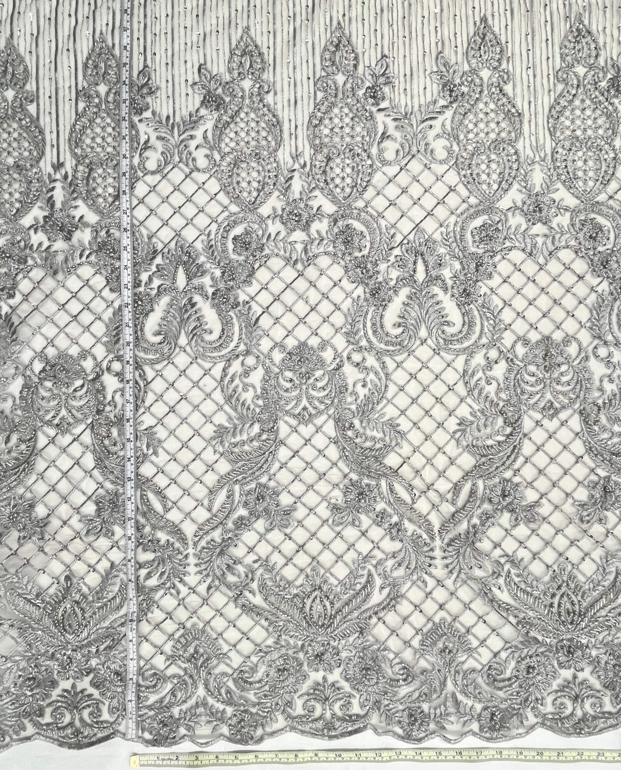 Beaded Lace Fabric - Embroidered 100 Percent Polyester Net Mesh, Floral Baroque Scalloped Edge, 52" Width (1 Yard)