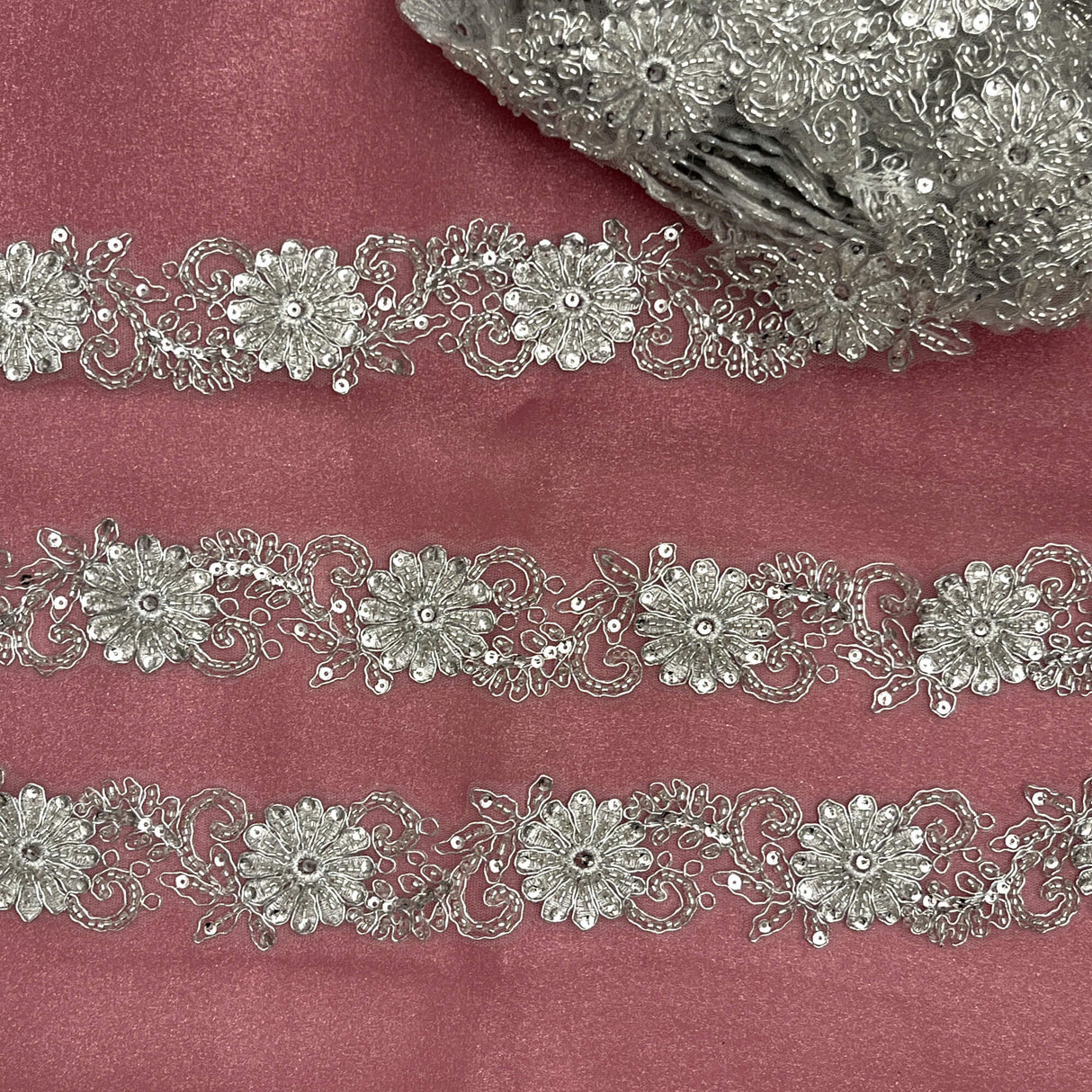 Beaded Corded Lace Trim on Polyester Mesh