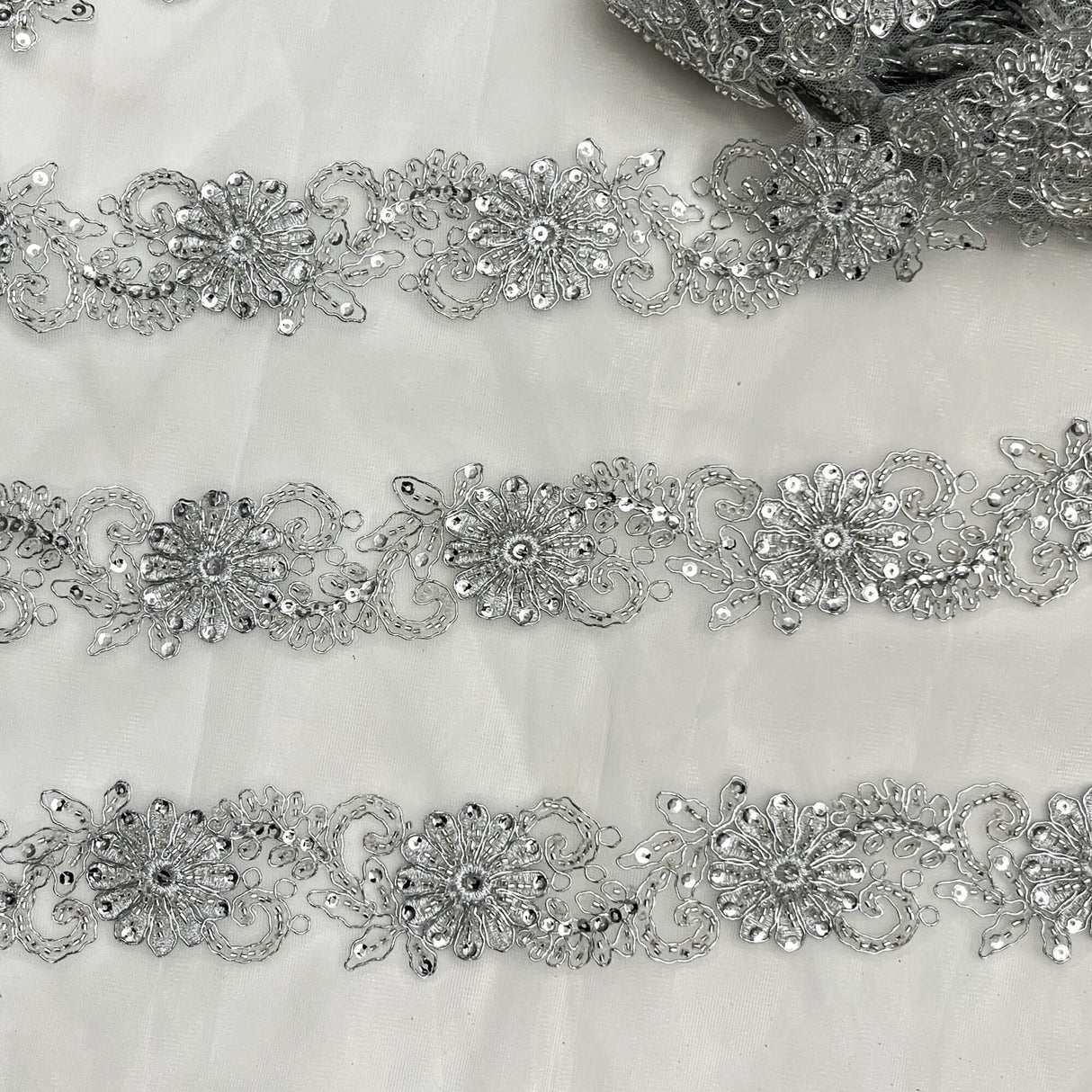Beaded Corded Lace Trim on Polyester Mesh