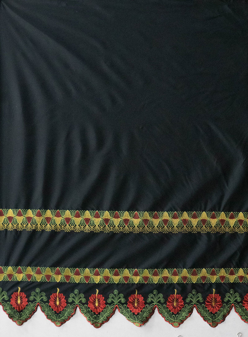 Single Anthurium Embroidered Border Polyester Fabric - Multi Color Border, 56" Width, 36" Length (1 Yard)