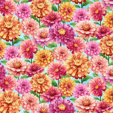 Cotton Fabric Sky Multi Zinnias Blissful Blooms 43/44"