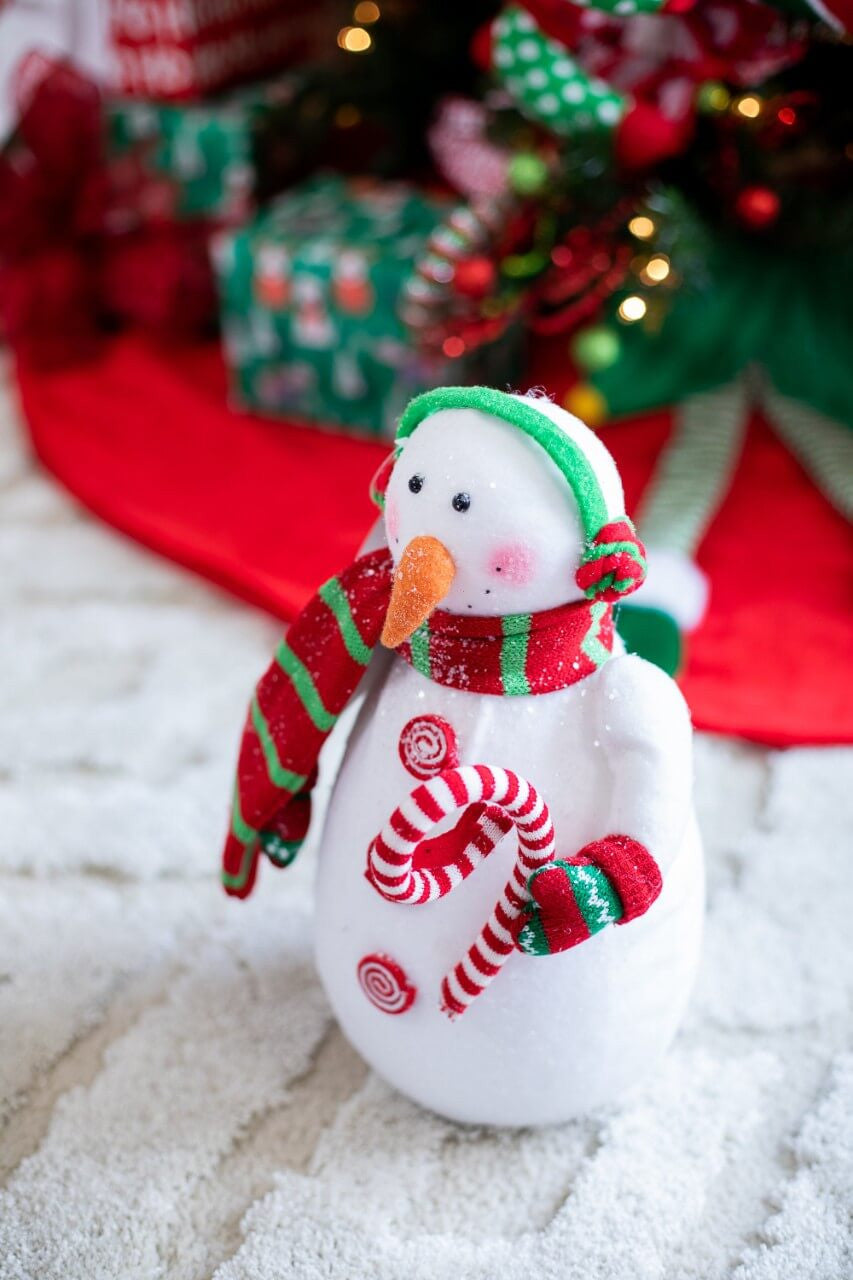 15-Inch Snowman With Candy Cane Whimsical Holiday Deco