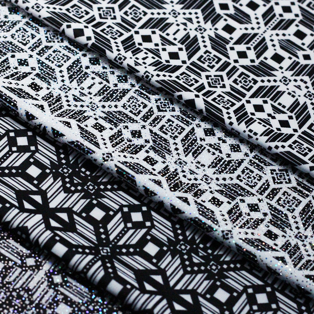 Splice And Dice Polyester Spandex Fabric - Black And White Geometric, 58/60" Width (1 Yard)