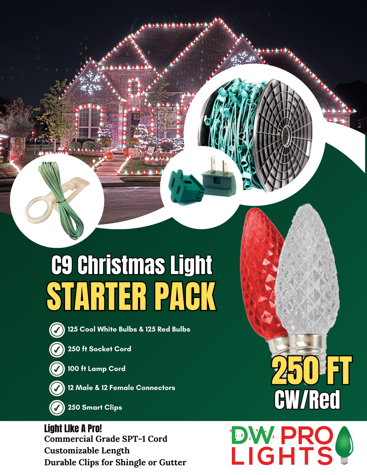 250' Outdoor Christmas Lighting Kit - Cool White/Red