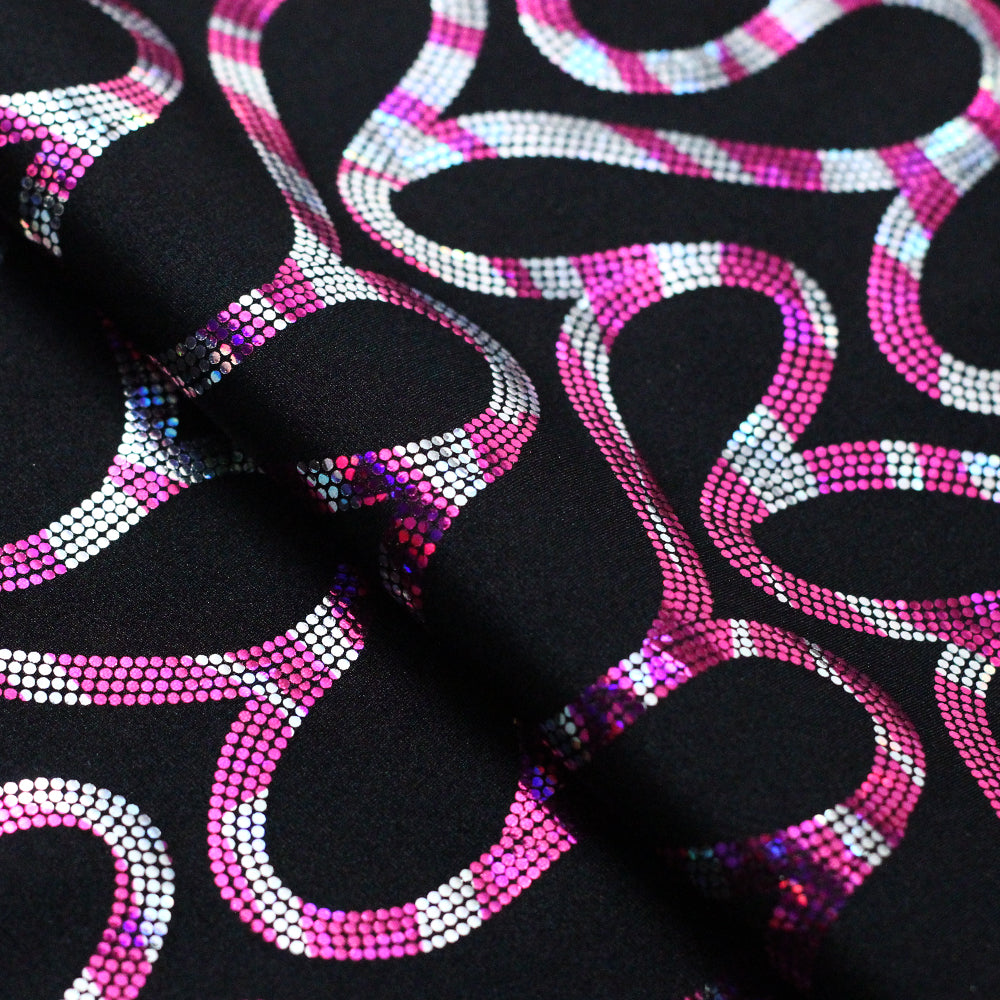 Streamers Foil Nylon Spandex Fabric - Pink/Silver Streamers On Black, 58/60" Width (1 Yard)