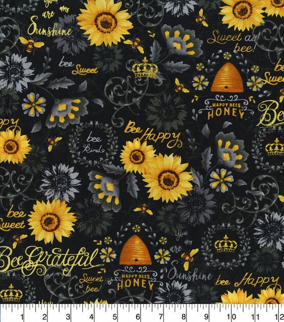 Quilting Cotton Sunflowers Bees Speckled Black 100% Cotton