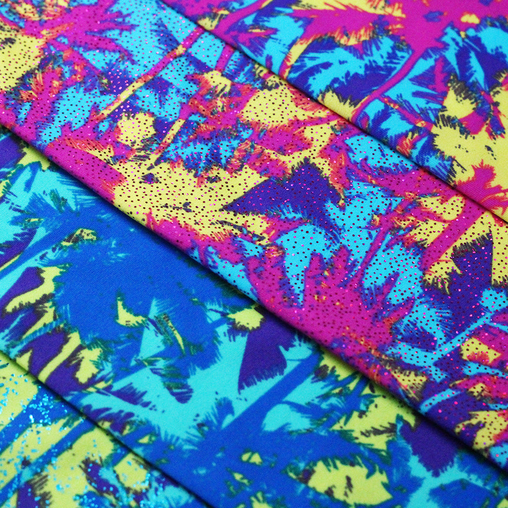 Sunset At The Beach Nylon Spandex Fabric - Assorted Colors, Tropical Palm Tree Print, 58/60" Width (1 Yard)