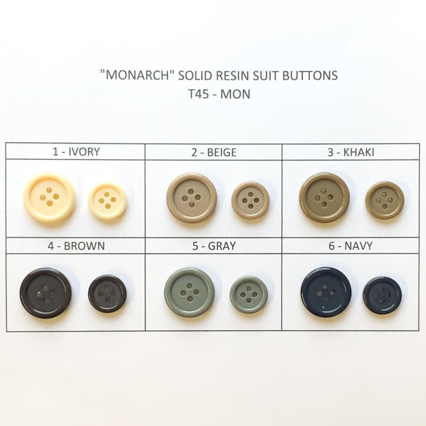 Monarch Solid Resin Suit Buttons - Resin Fabric, Beige/Brown/Gray/Ivory/Khaki/Navy, Solid, L24/L32