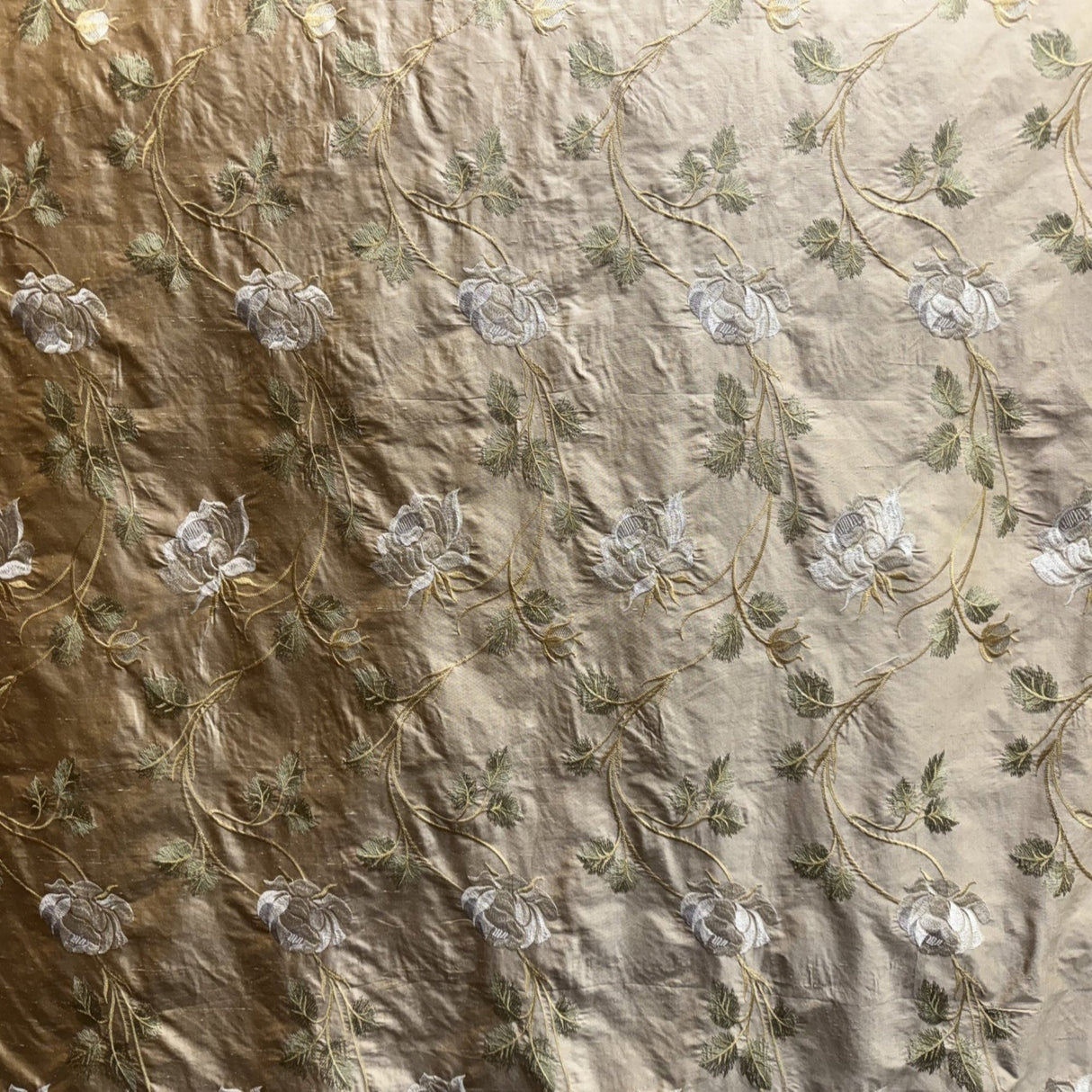 Tamil Floral Embroidered Silk Fabric - Bronze, Champagne, Cream, Khaki, Rose, Sandlwood, Turquoise, Wheat, 54" Width (1 Yard)