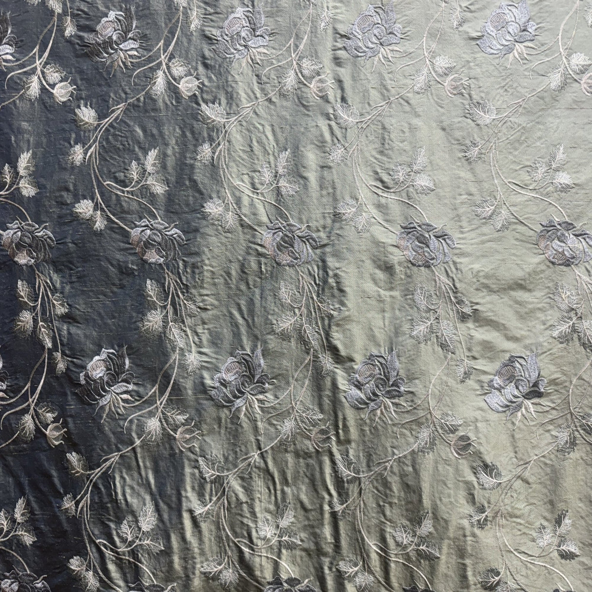 Tamil Floral Embroidered Silk Fabric - Bronze, Champagne, Cream, Khaki, Rose, Sandlwood, Turquoise, Wheat, 54" Width (1 Yard)
