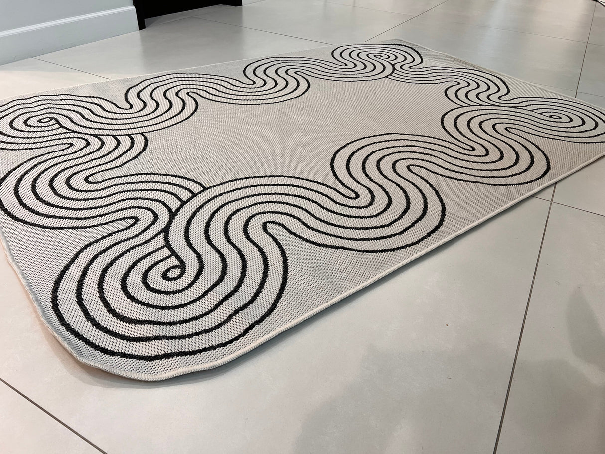 TOV 307 Polypropylene Fabric - Ivory, Black Geometric Swirl, Live Edge Design, 5' 3" X 7' X 6" (1 Rug)