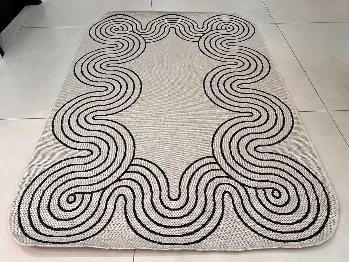 TOV 307 Polypropylene Fabric - Ivory, Black Geometric Swirl, Live Edge Design, 5' 3" X 7' X 6" (1 Rug)