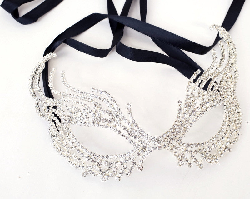 7 Inch Silver Venetian Masquerade Crystal Mask Wedding
