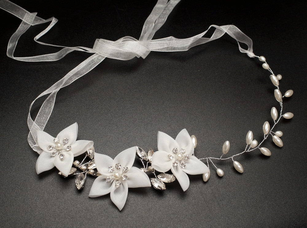White Faux Pearl Bridal Hair Band Rhinestone Floral 12 Inch