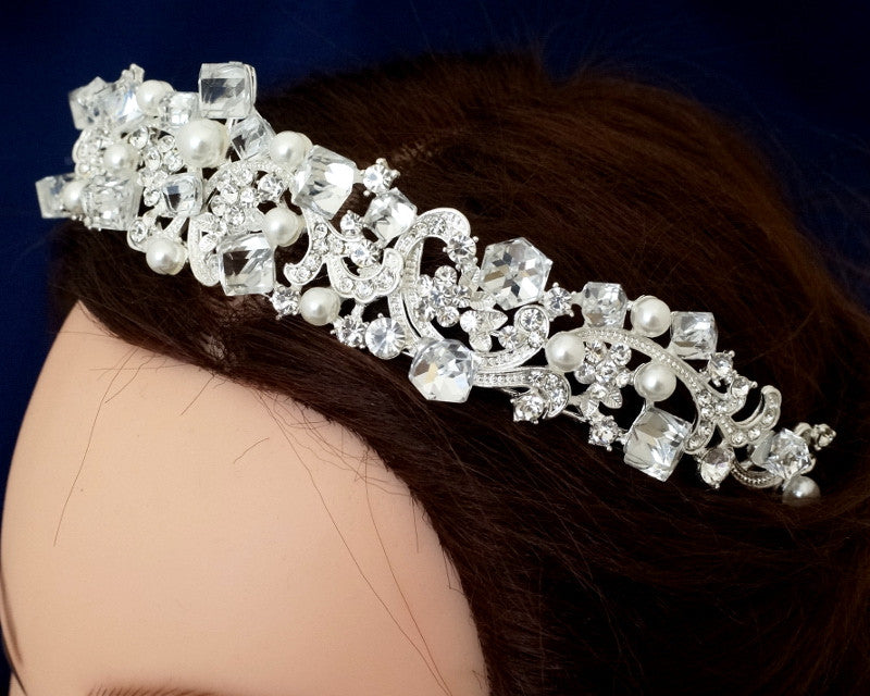 Silver Crystal Pearl Rhinestone Tiara