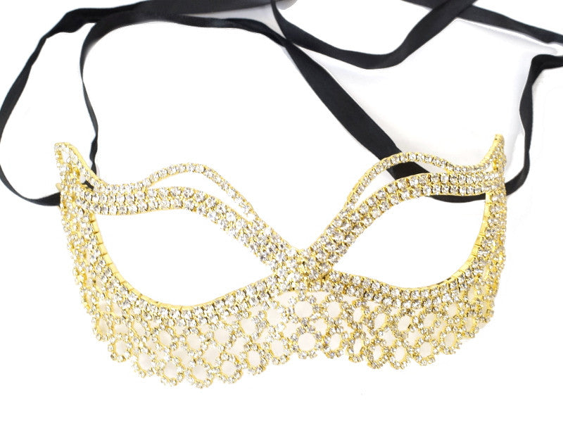 Gold Rhinestone Masquerade Wedding Eye Mask 7.5 Inch