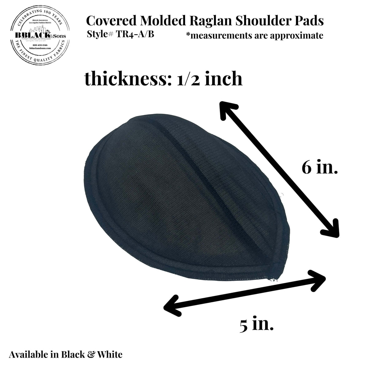 Covered Molded Raglan Shoulder Pads Fabric - Black, 1/2"
