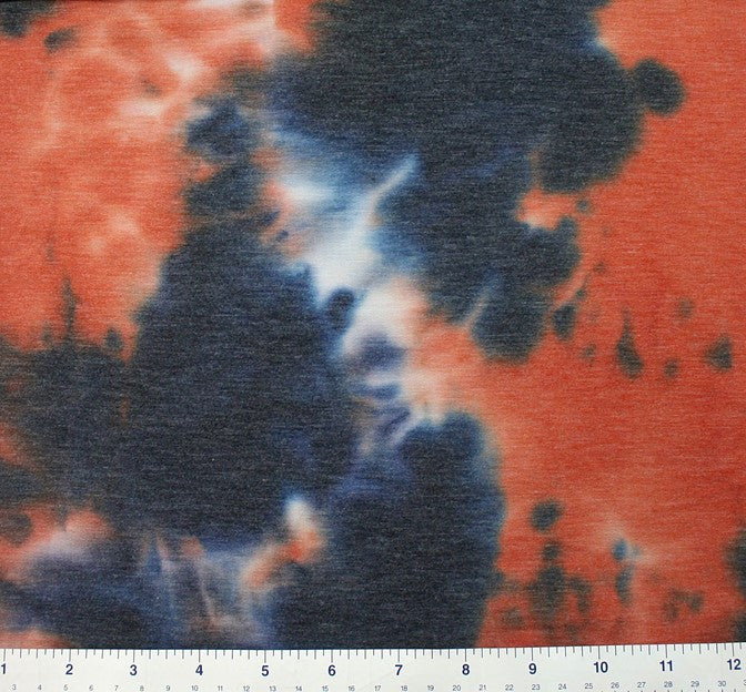 French Terry Tie Dye 1D1426 Polyester Rayon Spandex Fabric - Black Rust Tie Dye, 58/60" Width