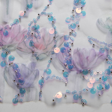 1 Yard Ribbon Tulle Lace Fabric with Sequins and Soft Floral Design, 52" Wide