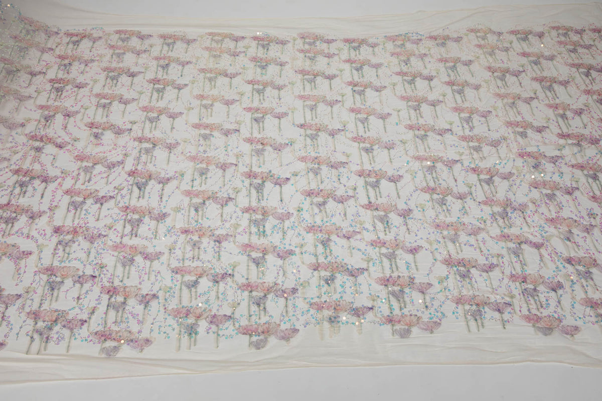 1 Yard Ribbon Tulle Lace Fabric with Embroidered Sequins, Soft Floral Design, 52" Wide