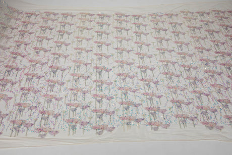 1 Yard Ribbon Tulle Lace Fabric with Embroidered Sequins, Soft Floral Design, 52" Wide