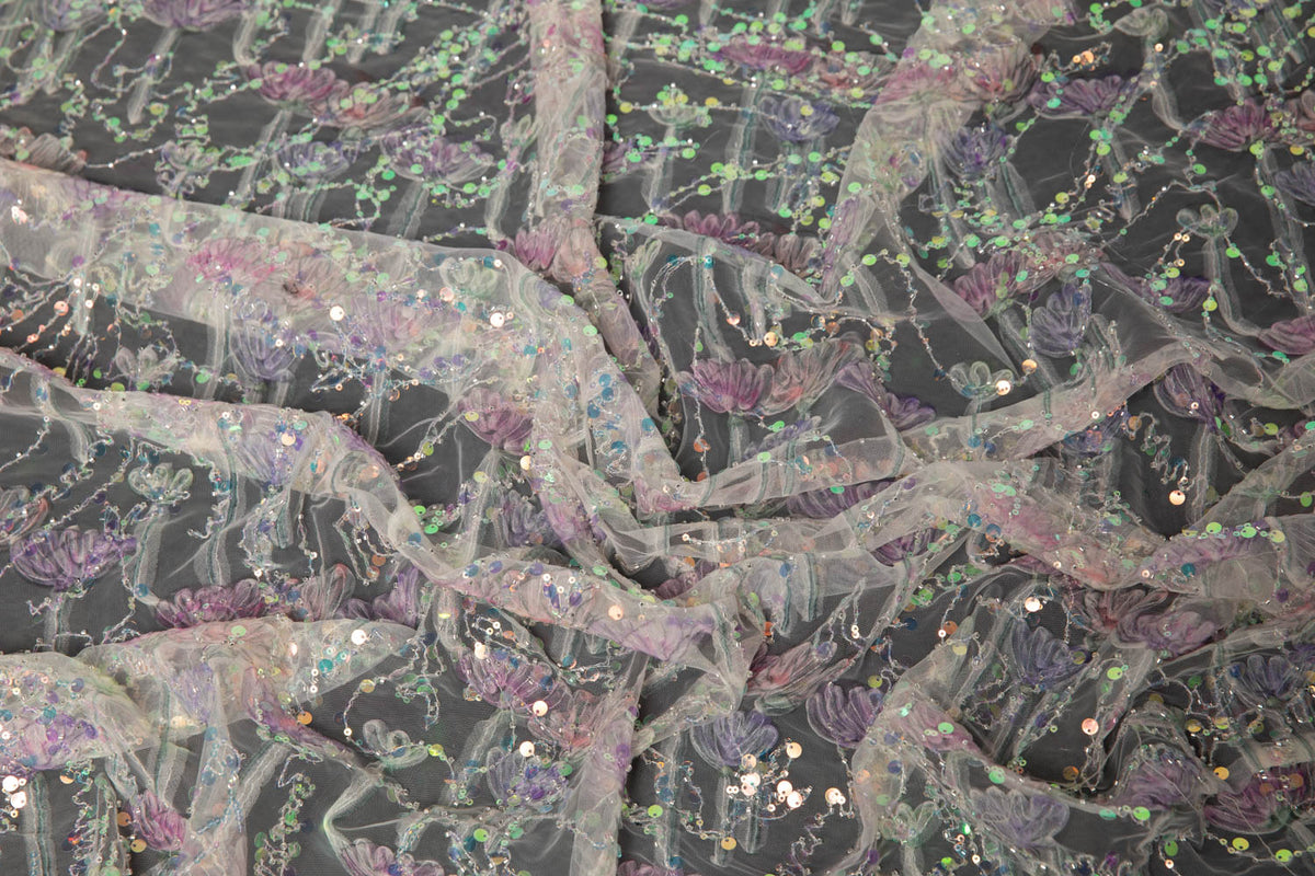 1 Yard Ribbon Tulle Lace Fabric with Sequins and Soft Floral Design, 52" Wide