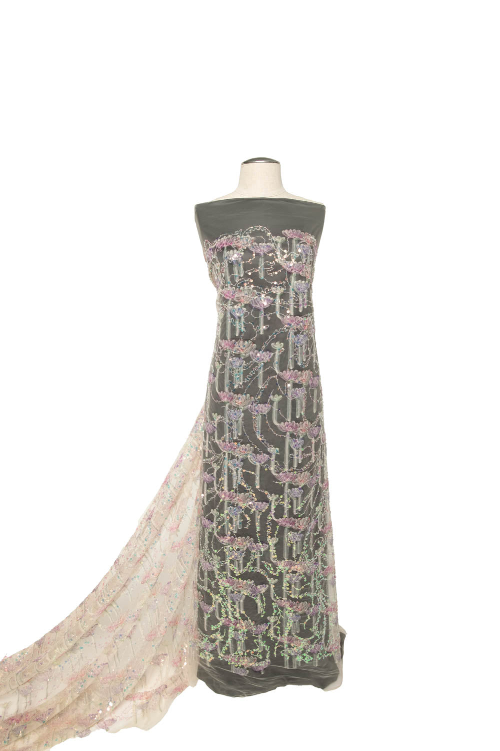 1 Yard Ribbon Tulle Lace Fabric with Embroidered Sequins, Soft Floral Design, 52" Wide