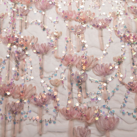 1 Yard Ribbon Tulle Lace Fabric with Sequins and Soft Floral Design, 52" Wide