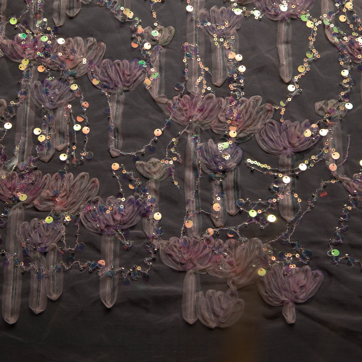 1 Yard Ribbon Tulle Lace Fabric with Sequins and Soft Floral Design, 52" Wide