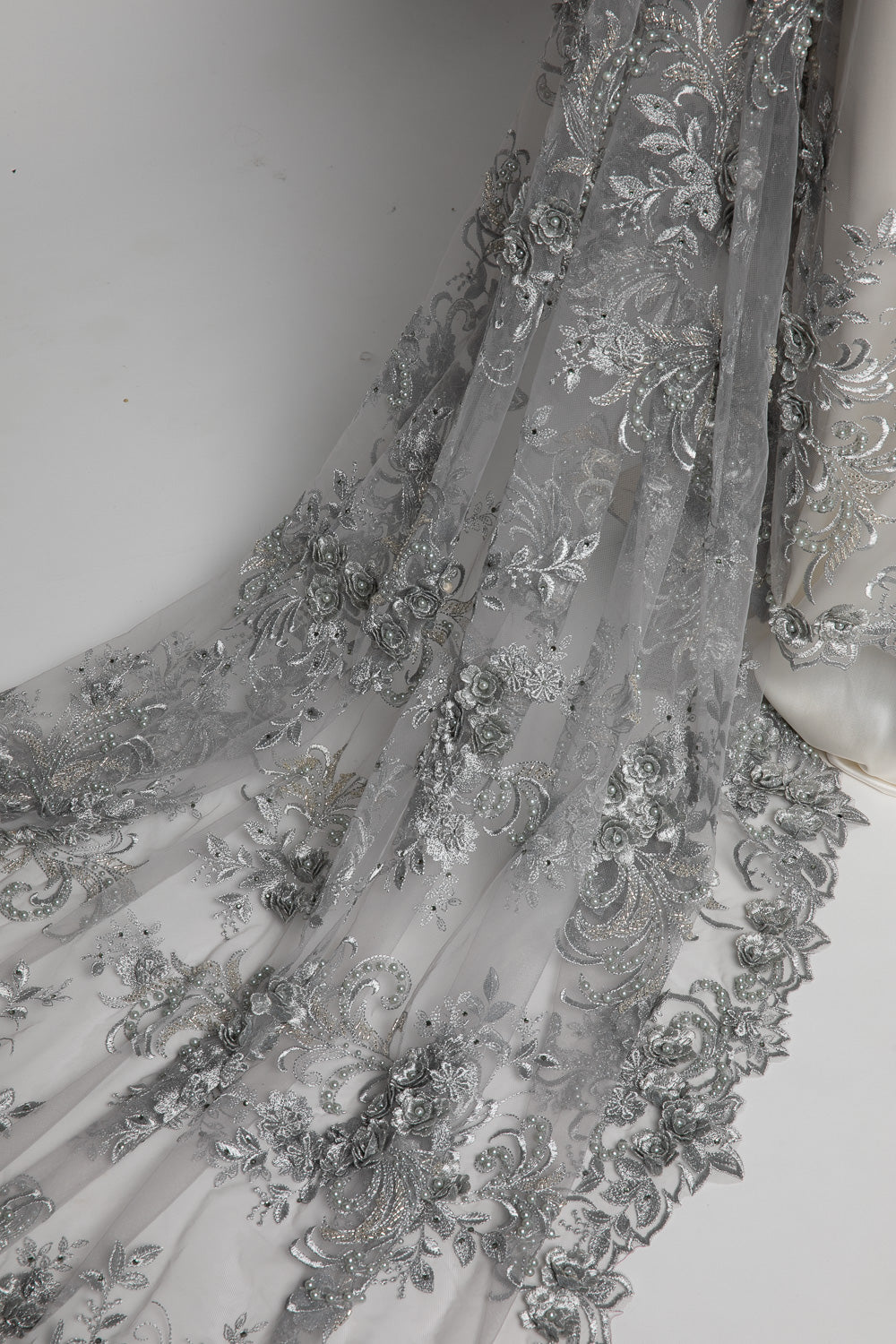 1 Yard Tulle Lace Fabric Embroidered with Applique & Beads with 3D Floral Pattern 100% Polyester 50/52" Wide