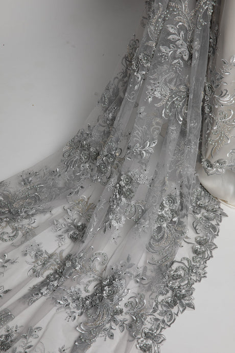 1 Yard Tulle Lace Fabric Embroidered with Applique & Beads with 3D Floral Pattern 100% Polyester 50/52" Wide