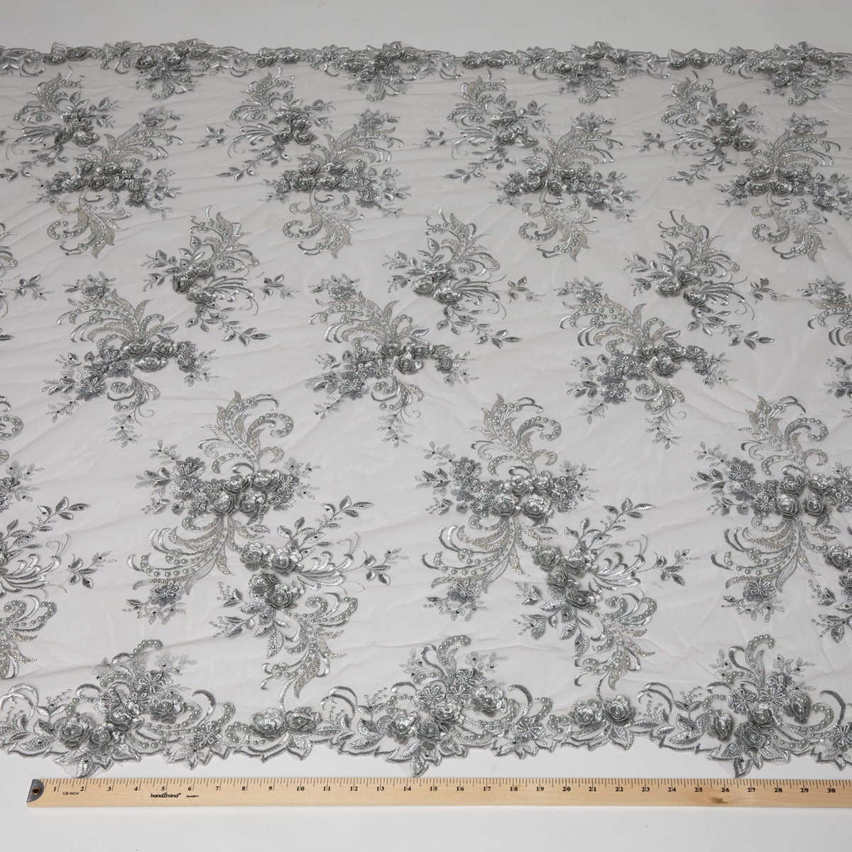 1 Yard Tulle Lace Fabric Embroidered with Applique & Beads with 3D Floral Pattern 100% Polyester 50/52" Wide
