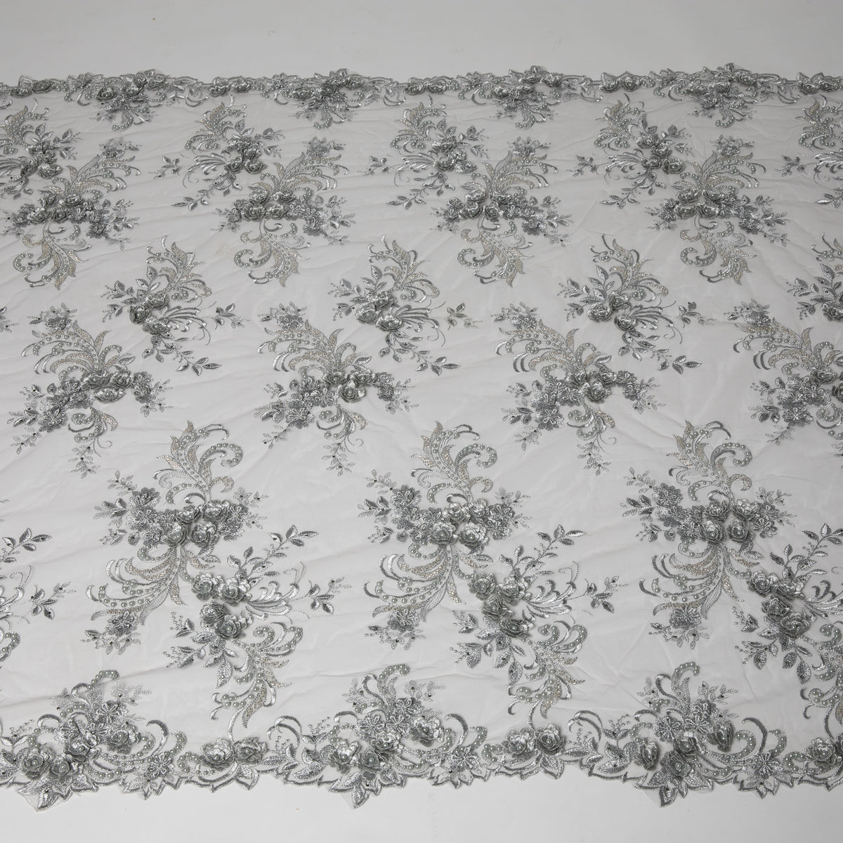 1 Yard Tulle Lace Fabric Embroidered with Applique & Beads with 3D Floral Pattern 100% Polyester 50/52" Wide