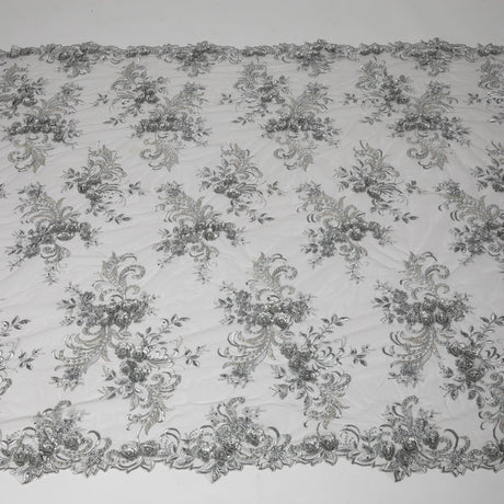 1 Yard Tulle Lace Fabric Embroidered with Applique & Beads with 3D Floral Pattern 100% Polyester 50/52" Wide